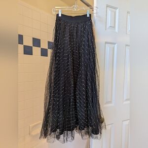 Black Mesh Tulle Overlay Lined Skirt Gold Metallic striped pattern One Size